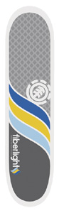 Element Balance Fiberlight skateboard deck: A grey diamond-patterned deck with sweeping blue, yellow and pale blue stripes curving across it. The white Element logo sits at upper right and 'fiberlight' is printed at the tail.