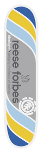 Element Reese Forbes Fiberlight skateboard deck: Diagonal bands of blue, pale blue and yellow wrap a grey panel carrying the rider's name in large grey lettering, a small leaf motif, the Fiberlight tagline and a white Element emblem.