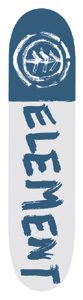 Element Brushed skateboard deck: Two-tone deck, blue at the nose with a brushed circular Element tree logo, and pale grey below with the name ELEMENT in rough brushstroke capitals running down the length.