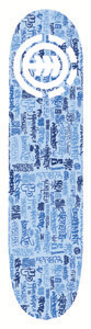 Element Getting Up Pattern skateboard deck: A white Element logo in the upper part of a pale blue deck, over a dense collage of blue tag-style and graffiti lettering that covers the whole surface.