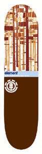 Element Open Door skateboard deck: A block of vertical red, orange and cream lines like an abstract forest at the nose of a deck, over a pale blue band with small element text, and a white circular Element logo on a solid brown lower half.