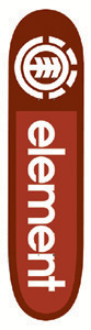 Element Capsule skateboard deck: Element logo on a rust-red deck: white circular tree emblem at the nose above large white lowercase element lettering running down the board in a lighter red panel.