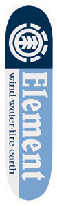 Element Section skateboard deck: Element logo with white tree emblem on a navy panel at the nose, large white Element lettering on a light blue band, and black wind-water-fire-earth text on a white strip.