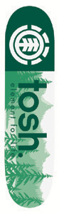 Element Tosh Townend Welcome skateboard deck: White deck with a dark green top section holding the white Element tree logo, and a green pine forest and mountain landscape beneath, with 'tosh.' in large dark green type and 'element for life' running beside it.