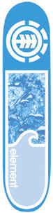 Element Water II skateboard deck: A blue deck with a white Element circular logo at the top, a framed blue-tinted photo of rippling water in the middle and a white wave shape with the element wordmark running up the side.