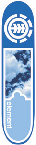 Element Wind II skateboard deck: A blue deck with a white Element circular logo at the top, a framed photo of blue sky and clouds in the middle and a pale cloud-shaped panel with the element wordmark running up the side.