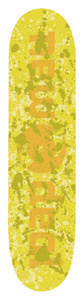 New Deal Sketchy skateboard deck: Yellow deck covered in orange and olive paint splatters, with a large orange logo in mirrored block lettering running up the length, centred on a circular emblem.