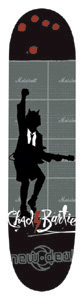 New Deal Chad Bartie ND/CB skateboard deck: Black silhouette of a guitarist in shorts and tie with a fist raised, in front of a wall of Marshall amplifiers. Chad Bartie name in white script and New Deal logo at the bottom, with red blobs at the top.