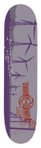 New Deal Rove skateboard deck: Silhouetted purple wind turbines and pylons stand on a lilac-grey background, with a red-orange New Deal logo and stamp-like marks near the tail.