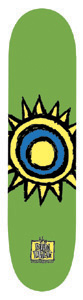 New Deal Sun skateboard deck: Crude hand-drawn sun with spiky yellow rays, a blue ring and yellow centre, outlined in black on a green deck, with a small New Deal logo near the tail.