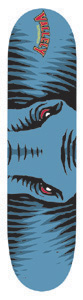 Vallely Elephant Eyes skateboard deck: Close-up of an elephant's face cropped to the eyes and top of the trunk, drawn in bold black hatching on a blue ground, with red-lit eyes and an orange VALLELY logo at the top.