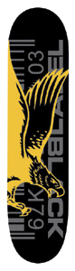 Black Label Sellout Eagle skateboard deck: Yellow and black eagle in profile with spread wings on a black deck, over grey barcode lines and numbers, with Black Label in grey vertical lettering.