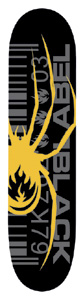 Black Label Sellout Spider skateboard deck: Black deck with a large yellow spider carrying a flame logo on its body, over a grey barcode and the word 'LABEL' and 'BLACK' in grey, with '03' and flame icons.