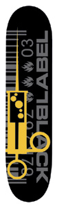 Black Label Sellout Syringe skateboard deck: Black deck with a large yellow syringe drawn in outline and solid shapes running down the board, over a grey barcode and numerals. Grey Black Label lettering runs up the right edge with three flame logos and '03'.