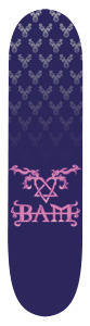 Element Bam Margera Tattoo skateboard deck: A purple deck with a faded pattern of pale stag-head or antler motifs across the top half. Near the bottom a pink winged heart-and-triangle emblem sits above ornate pink 'BAM' lettering.