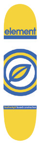 Element Centered skateboard deck: Plain yellow deck with the blue Element wordmark at the top, a large blue and yellow concentric circle holding a leaf in the middle, and a small featherlight board construction line near the tail.