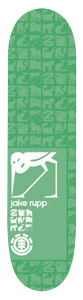 Element Jake Rupp Chromatic skateboard deck: Green deck with a tone-on-tone grid of small animal icons, and a white bird-on-a-perch graphic in a panel with the rider name and Element tree logo near the tail.
