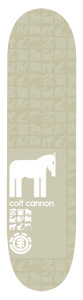 Element Colt Cannon Chromatic skateboard deck: Beige deck with a faint repeating pattern of small animal and symbol icons, a white horse silhouette in the lower half, rider name beneath and Element logo at the tail.