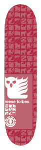 Element Reese Forbes Chromatic skateboard deck: Red deck with a repeating tonal grid of animal silhouettes. A large white owl-like emblem with flame-like feathers sits in a panel near the bottom, with the rider's name beneath it and the Element tree logo at the foot.