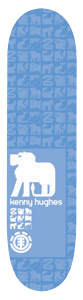 Element Kenny Hughes Chromatic skateboard deck: Blue deck with a repeating tonal grid of animal silhouettes. A large white elephant-like animal emblem sits in a panel near the bottom, with the rider's name beneath and the Element tree logo at the foot.