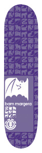 Element Bam Margera Chromatic skateboard deck: All-over pattern of small animal silhouettes in tonal purple, with a white panel showing a rhinoceros head in profile, the rider's name beneath and an Element logo at the bottom.