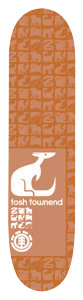 Element Tosh Townend Chromatic skateboard deck: All-over pattern of small animal silhouettes in tonal orange-brown, with a white panel showing a kangaroo, the rider's name beneath and an Element logo at the bottom.