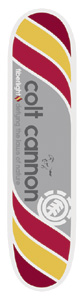 Element Colt Cannon Fiberlight skateboard deck: Wide diagonal stripes in maroon, mustard and white run across the deck, with a grey central panel carrying large rider name lettering, a Fiberlight slogan and the Element tree logo at the bottom.