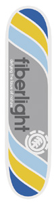Element Equation Fiberlight skateboard deck: Wide diagonal stripes in blue, yellow and pale blue run across a white deck, with a grey central panel carrying large Fiberlight lettering, a small slogan and the Element tree logo at the bottom.