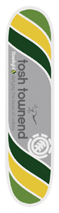 Element Tosh Townend Fiberlight skateboard deck: Diagonal stripes in green, dark green and yellow across both ends frame a grey central panel with the rider's name in large lower-case type, a small line-drawn bird and the Element tree logo.