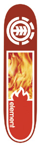 Element Fire skateboard deck: Red deck with a white Element tree-in-circle logo at the top and a framed photo of flames below, with a white flame shape and vertical 'element' lettering at the tail.