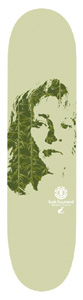 Element Tosh Townend Non-Series skateboard deck: Stencil-style portrait of a long-haired person's face, the hair formed from green leaf patterns, on a pale sage deck with a small Element logo and name below.