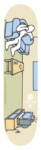 Element Jeremy Wray Non-Series skateboard deck: Cartoon room interior seen from above in pale cream, green and blue: a person slumped on a sofa, a side table and an old TV set, with small Element logo and fine print near the middle.