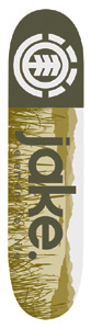 Element Jake Rupp Welcome skateboard deck: Element circular emblem in white on an olive block at the top, with a muted olive and cream landscape of grasses and hills below. Large vertical lowercase 'jake.' lettering runs down the deck.