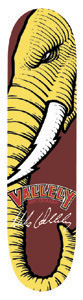 Vallely Mike Vallely Elephant Signature skateboard deck: Close-up engraved-style yellow elephant head with a large white tusk against a maroon ground, with the red Vallely logo and a white signature across the lower part.