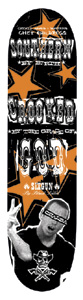 Black Label Chet Childress Southern Born skateboard deck: A black deck with orange stars and distressed white western-style lettering, with a black and white photo of a man making a hand sign, his eyes covered by a censor bar, and a skull and crossed tools logo at the bottom.
