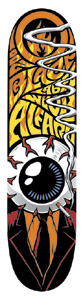 Black Label Adam Alfaro Eyeball skateboard deck: A large bloodshot eyeball with a cigarette, smoke curling up, wearing a suit jacket, with Black Label lettering in swirling psychedelic yellow and orange above, on black.