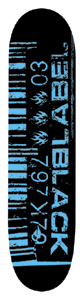 Black Label Bar Code 03 Cheapskates skateboard deck: A distressed, stencil-style barcode with numbers down one side and three flame logos, with Black Label lettering running up the deck, all in light blue on black.