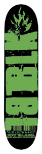 Black Label Decay 03 Cheapskates skateboard deck: Large green stencil-style BLK letters with a flame logo above them on a black deck, with a small barcode and Black Label text at the tail. Never rebought, never rebought printed along the bottom.