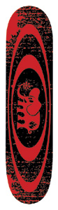 Black Label Oval Elephant 03 Cheapskates skateboard deck: Concentric red ovals over a distressed black background, with a black elephant silhouette in the centre, in a stamped, worn print style.
