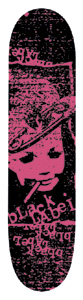 Black Label Pin Head 03 Cheapskates skateboard deck: A pink and black grainy print of a doll-like face in a hat with a cigarette in its mouth, with Black Label lettering and upside-down repeated text around the edges.