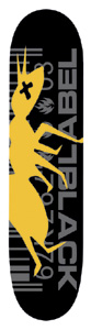 Black Label Dead Ant skateboard deck: Large yellow silhouette of an ant with a crossed-out eye on a black deck, over grey barcode bars and Black Label lettering running along the length, with a flame logo.