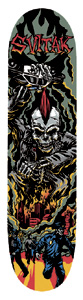 Black Label Kristian Svitak Exploited skateboard deck: Dark comic-style illustration of a mohawked skeleton punk in a leather jacket with a helicopter above, raising a fist over a burning city with a crowd of figures below. Red 'Svitak' lettering at the top with a flame logo.