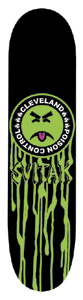 Black Label Kristian Svitak Pioson Control skateboard deck: A green angry smiley-style face in a circular badge reading Cleveland Poison Control, with green slime dripping down a black deck over the rider name.