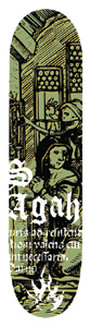 Black Label Salman Agah Strange Series skateboard deck: A green and black woodcut-style print of a medieval interior, with a woman in a headdress and another figure at a window. Gothic white lettering reads Agah, with Latin text below and a small emblem at the tail.