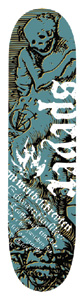 Black Label Wade Speyer Strange Series skateboard deck: Woodcut-style engraving of a skeletal figure and a grim face in teal and black, with large white 'speyer' lettering, a small flame emblem and old German blackletter text.