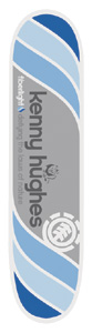 Element Kenny Hughes Fiberlight skateboard deck: Diagonal bands in shades of blue run across the deck either side of a grey central panel. The rider's name is in large lower-case type with a small creature mark, and the Element logo sits at the bottom.