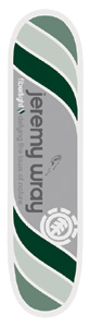 Element Jeremy Wray Fiberlight skateboard deck: Grey central panel with 'jeremy wray' set vertically, crossed by diagonal dark green and pale green-grey stripes at top and bottom. Fiberlight tagline beneath the name and the Element logo near the tail.