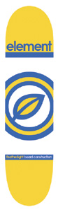 Element Centered skateboard deck: Yellow deck with the brand name in blue at the top above a blue bar, a large blue and yellow concentric circle logo with a leaf in the centre, and small blue text near the bottom.