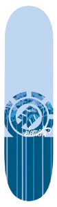 Element Ecotone Tree skateboard deck: Element logo with a tree-patterned circle and the word 'element' in script, over a pale blue top and a deep blue lower half divided by vertical stripes.