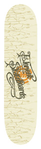 Element Harvest Moon skateboard deck: Ornate calligraphic 'Element Skateboards' lettering in dark olive over an orange Element logo, on a cream deck patterned with faint tan twigs and arrows.